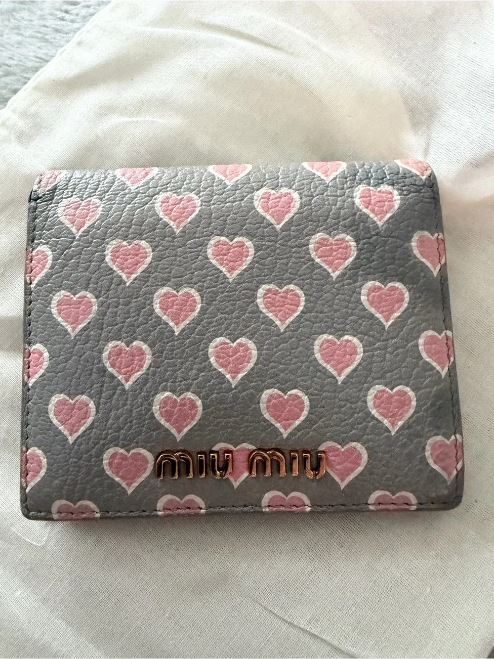 Miu Miu Gray Leather Wallet with Pink Heart Print